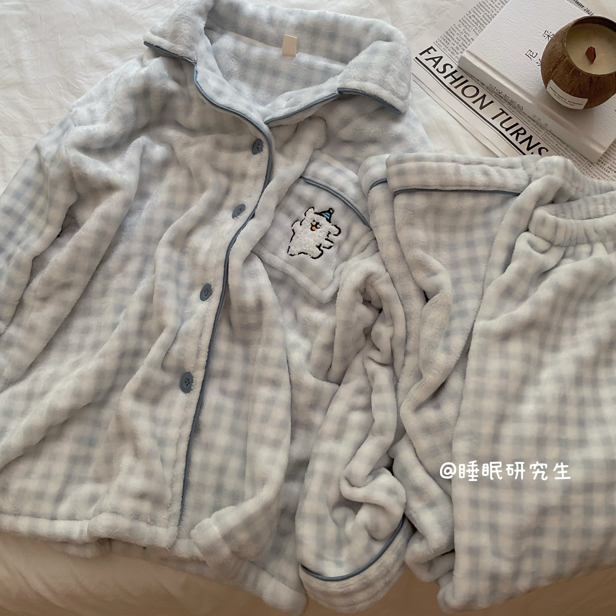 【梦游小狗】秋冬季法兰绒睡衣女保暖可外穿家居服两件套格子卡通