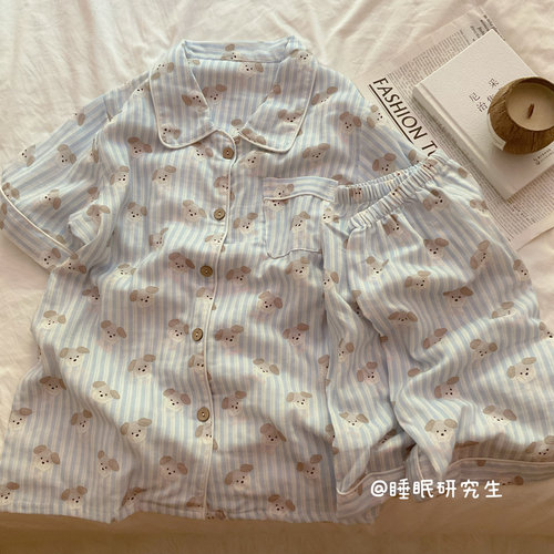 【小狗日记】A类全棉柔雾纱系列夏款女睡衣软料纯棉短袖套装条纹