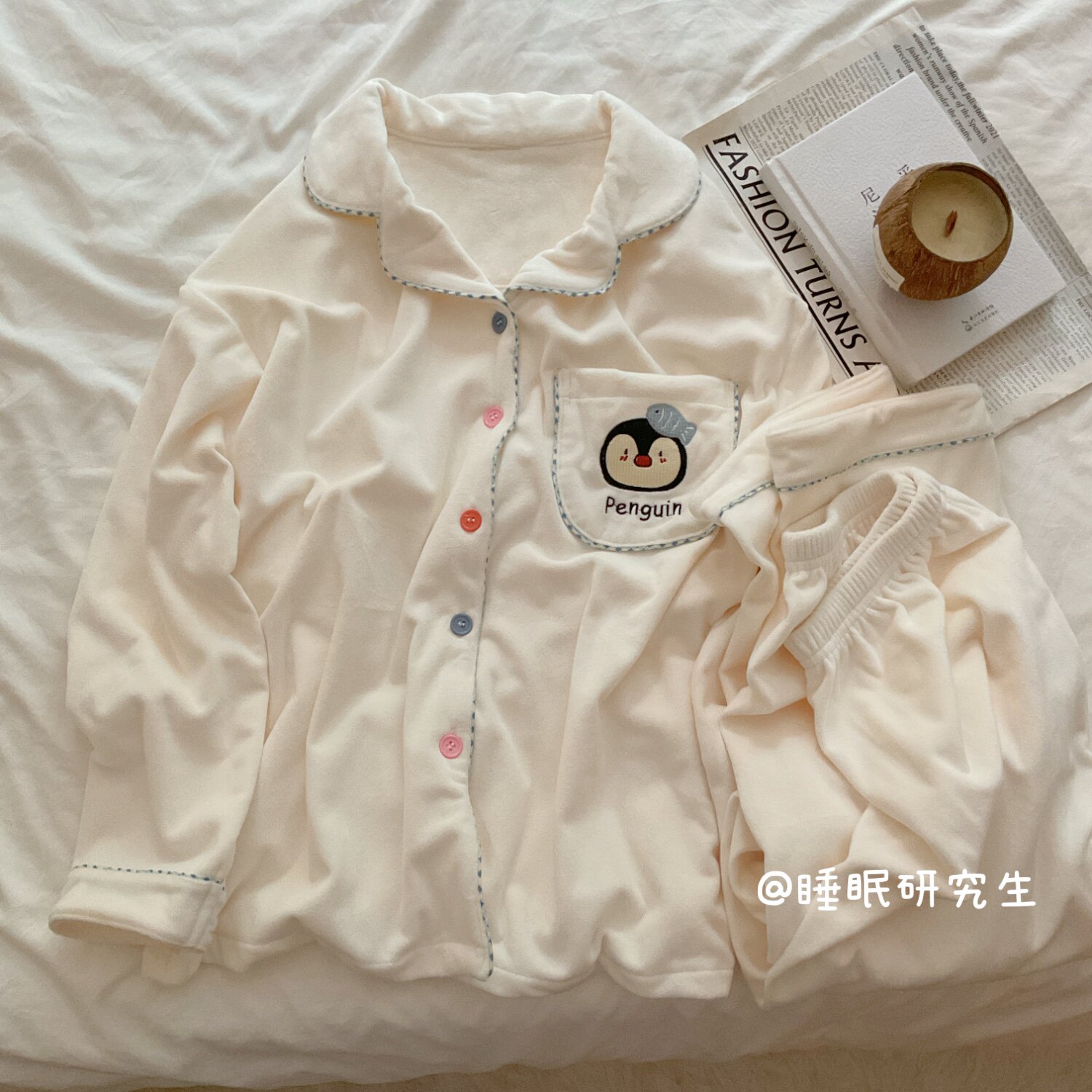 【饱饱企鹅】秋冬季女睡衣软料简约条纹海岛绒家居服保暖套装