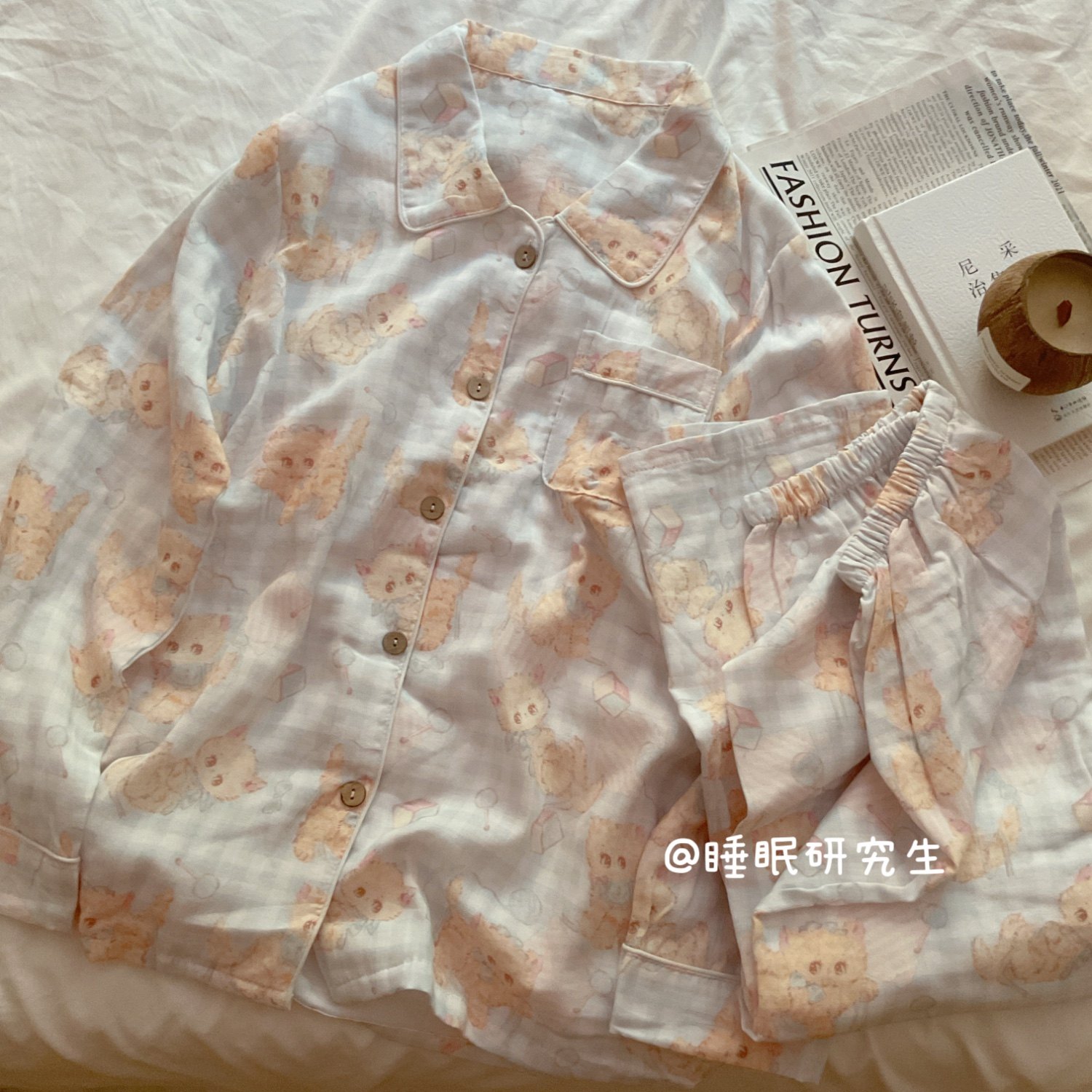 【散步起司猫】秋季女睡衣纯棉套装柔雾纱软料格子家居服