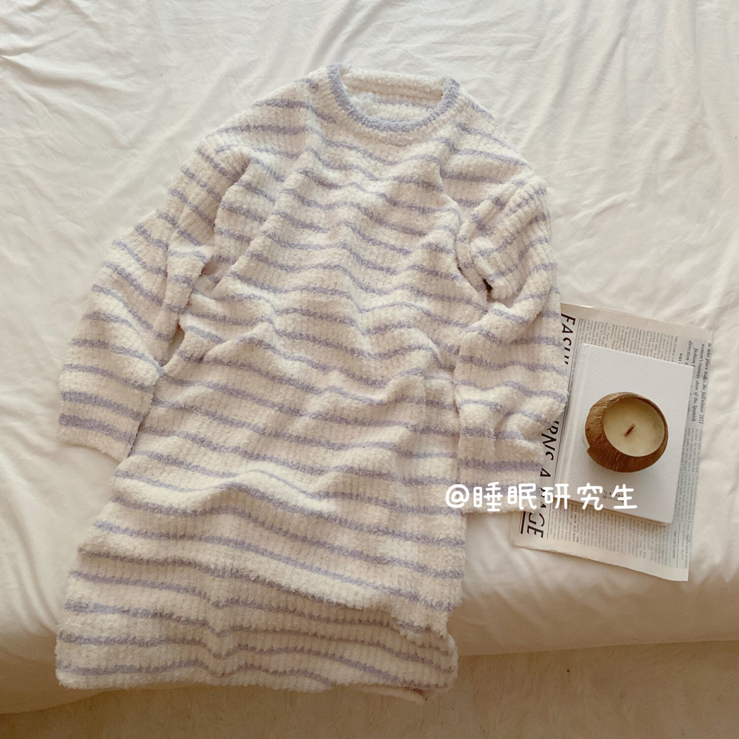 【伍尔夫笔记】秋冬季淡人女睡衣简约条纹家居服软料半边绒睡裙