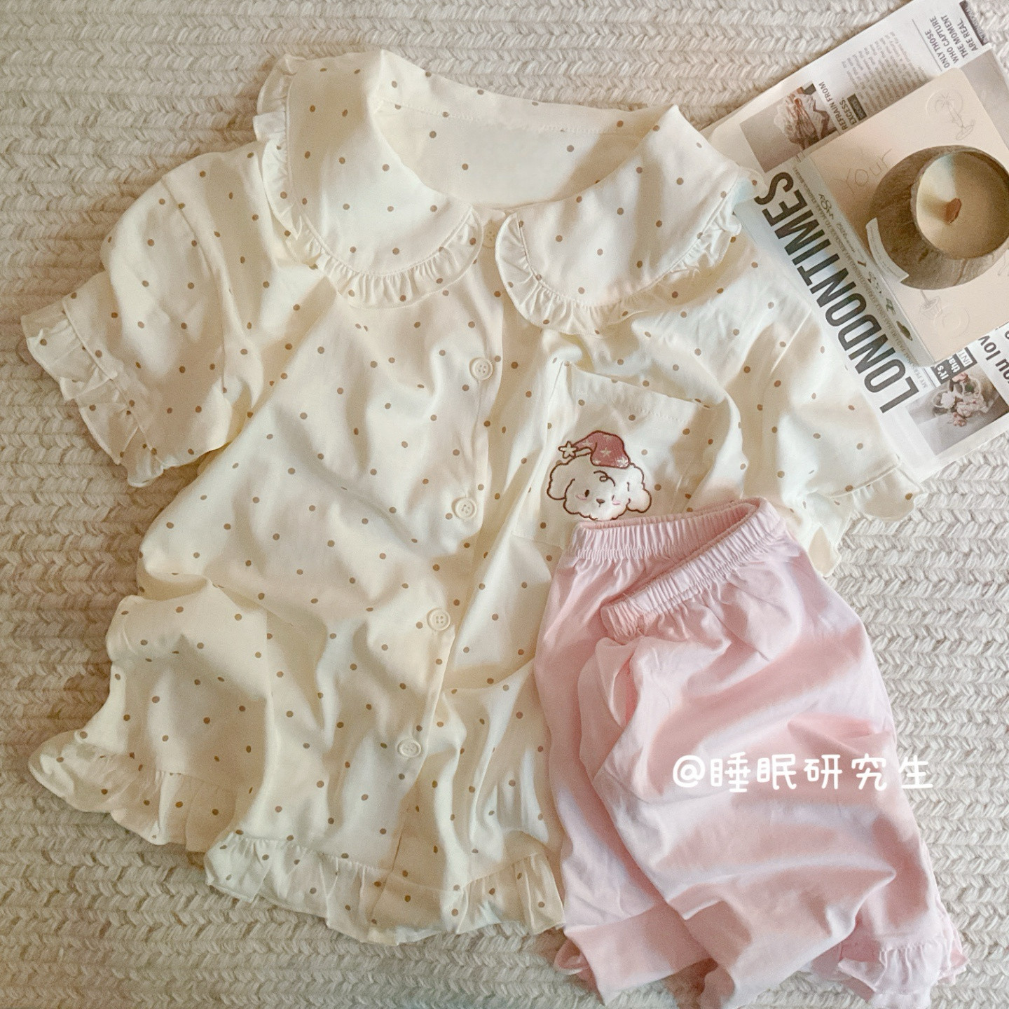 【睡帽小狗】夏季女睡衣日系波点娃娃领短袖短裤纯棉套装双口袋