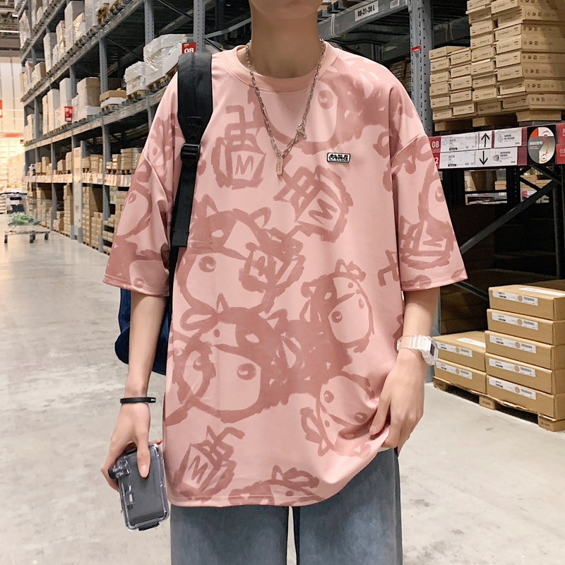 wassuphappy涂鸦粉色冰丝短袖t恤男夏季薄款凉感潮流情侣七分袖，男装T恤，电商A161