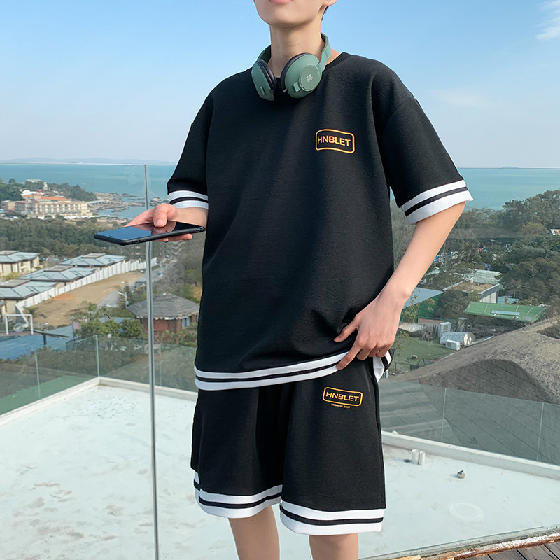 男短袖t恤夏季宽松韩版潮流帅气ins潮休闲短裤套装A161-TZ01-P45,男装休闲套装,电商A161