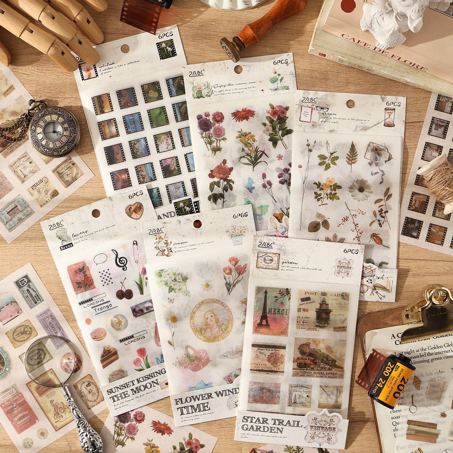 纸间温柔模切贴纸 ins风复古浪漫花卉电影胶片装饰手账素材拼贴画