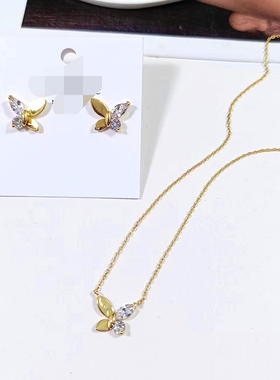 热销出口余量KS新款logo蝴蝶镀真金微镶锆石原装耳堵高级感耳钉女