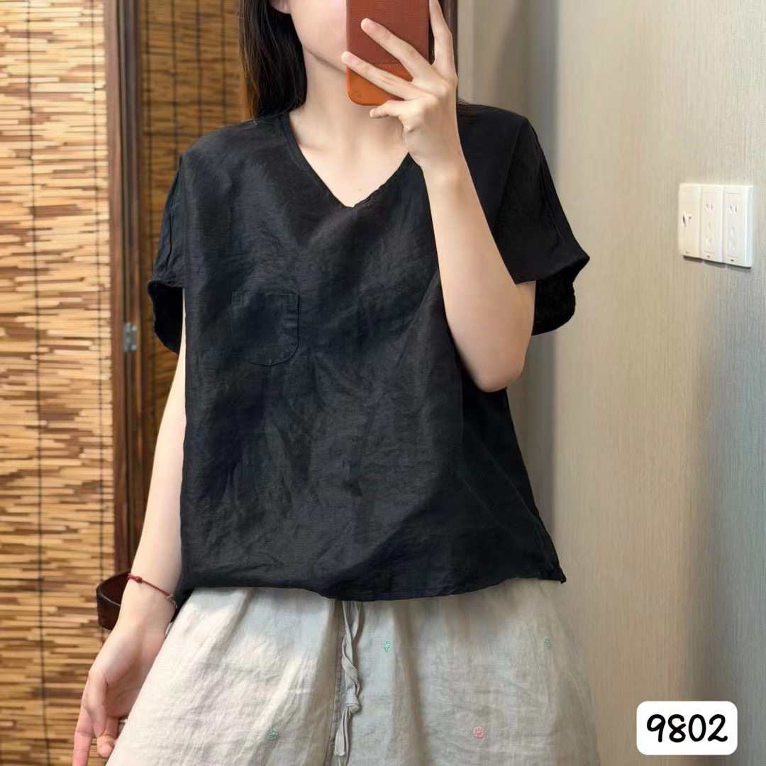 老钱风100%双雨露亚麻夏季复古宽松圆领大码百搭女士短袖T恤