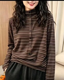 老钱风秋季复古宽松半高领显瘦百搭女士长袖T恤上衣打底衫