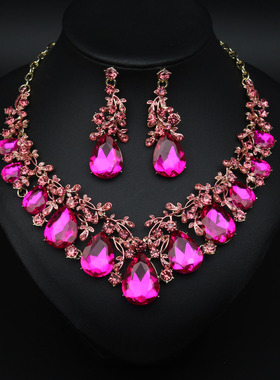 跨境欧美时尚气质百搭水晶项链耳环套装女新娘舞会礼服配饰品批发