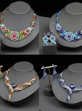 外贸饰品夸张项链耳环套装 锁骨链 装饰礼服配饰复古时尚彩色珠宝