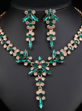 跨境欧美时尚气质百搭水晶项链耳环套装女新娘舞会礼服配饰品批发