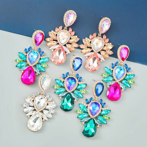2025earrings时尚彩钻多层合金镶钻水滴形玻璃钻花卉耳环女欧美范