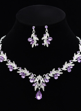 跨境新款树叶镶钻锆石项链耳环两件套结婚首饰新娘礼服配饰品批发