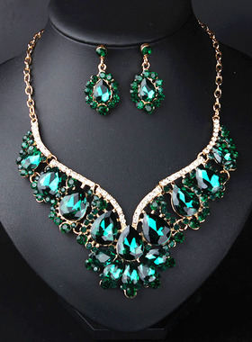 欧美闪水晶水钻项链耳环套装礼服宴会女夸张首饰配饰品