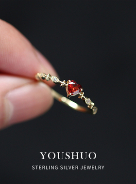 纯银红色红宝石戒指女红钻爱心石榴石水晶心形尾戒镀14K金闭口