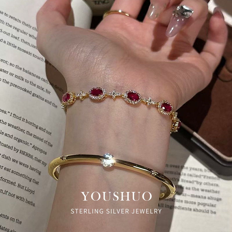 纯银S925法式复古爆闪红宝石手链轻奢精致高级感设计显白气质手饰