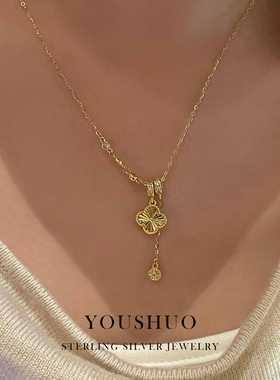 s925纯银镭射四叶草项链女款中古风高级感轻奢小众设计爆款锁骨链