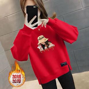 女 加绒加厚卫衣女士圆领秋宽松中老年妈妈上衣外套韩版 春秋季 新款