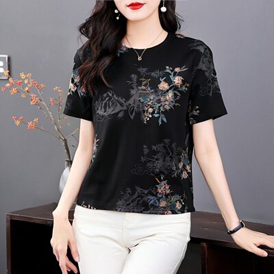 清仓妈妈装中国风印花短袖T恤女夏季宽松百搭洋气中年女装上衣