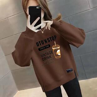 加绒加厚字母印花长袖 百搭洋气宽松显瘦套头上衣外套 卫衣女秋冬季