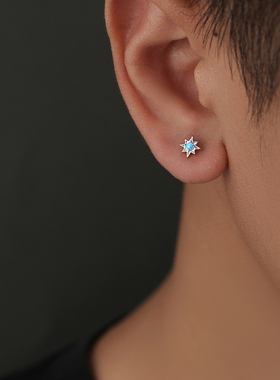 S925纯银耳钉男款蓝澳宝八芒星耳环单只男士高级感痞帅美式耳饰女