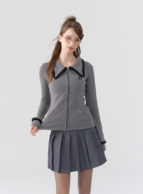 礼拜天约会“灰色轨迹”拼色拉链针织开衫修身打底夹毛条短款上衣