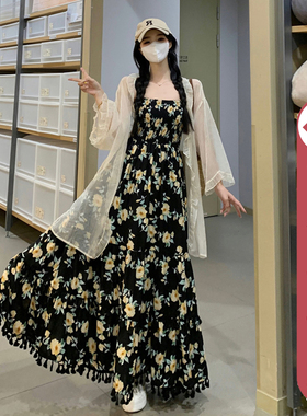 170高个子绝美吊带连衣裙加长版到脚踝超长2025气质碎花裙子套装