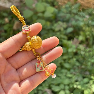 【寺庙流通】沙金铜镂空葫芦钥匙扣中藤叶福禄车钥匙扣开运手机链