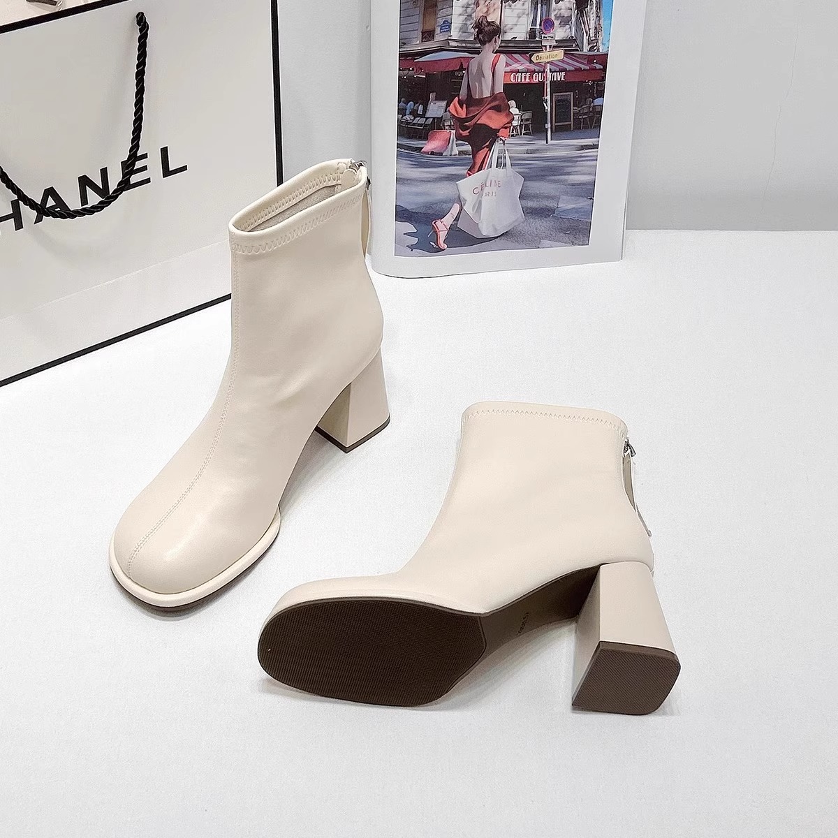 法式短靴粗跟方头马丁靴瘦瘦靴