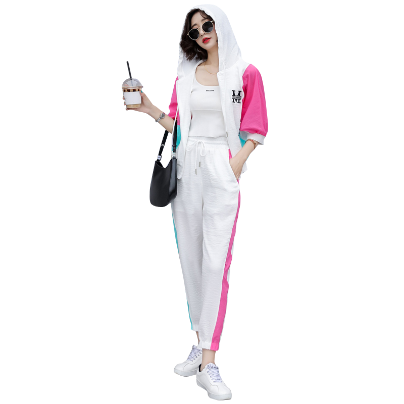 夏天冰丝棉麻套装女2025新款洋气两件套卫衣休闲裤拼接撞色运动服