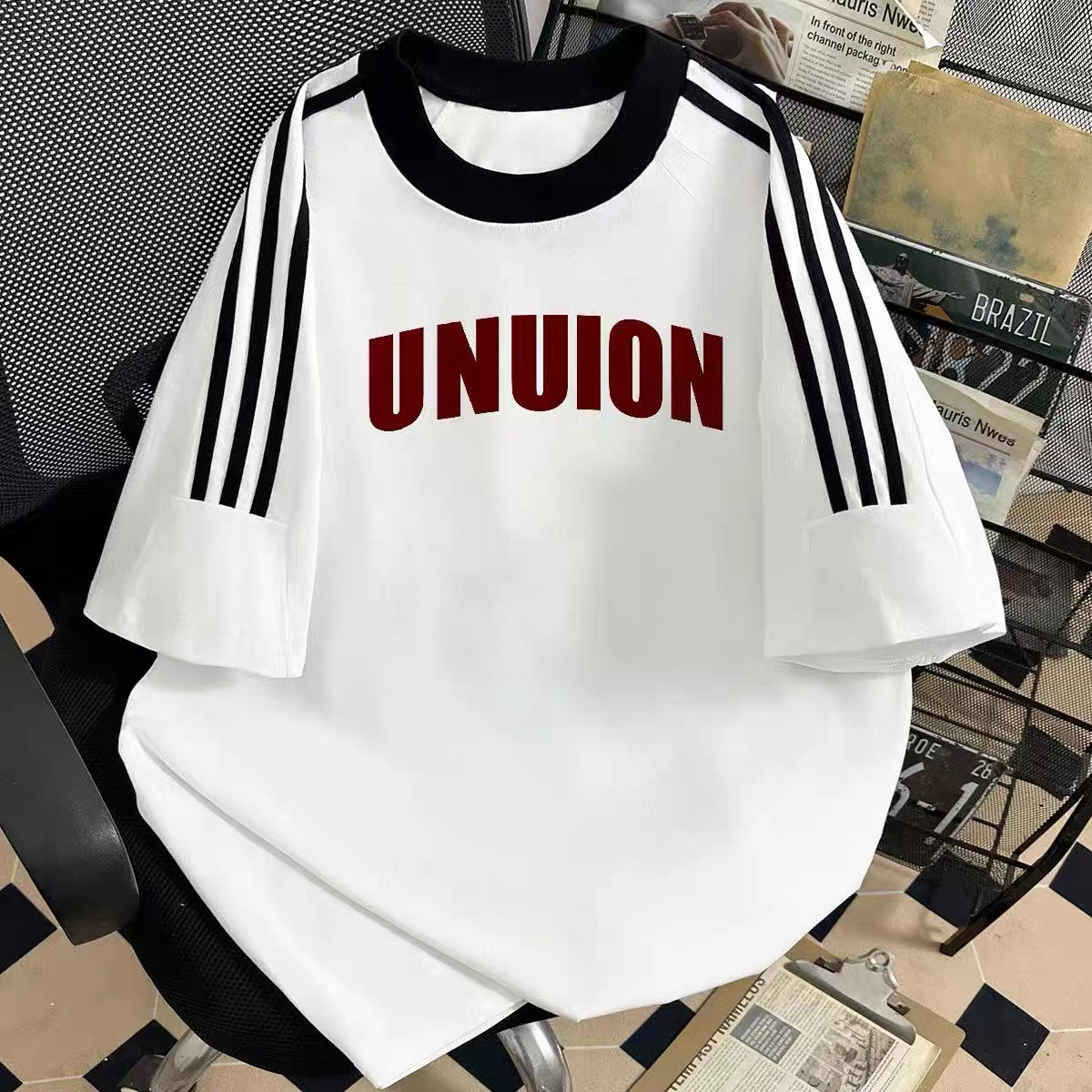 美式复古三条杠短袖t恤男女童夏季新款小众设计感宽松半袖上衣潮