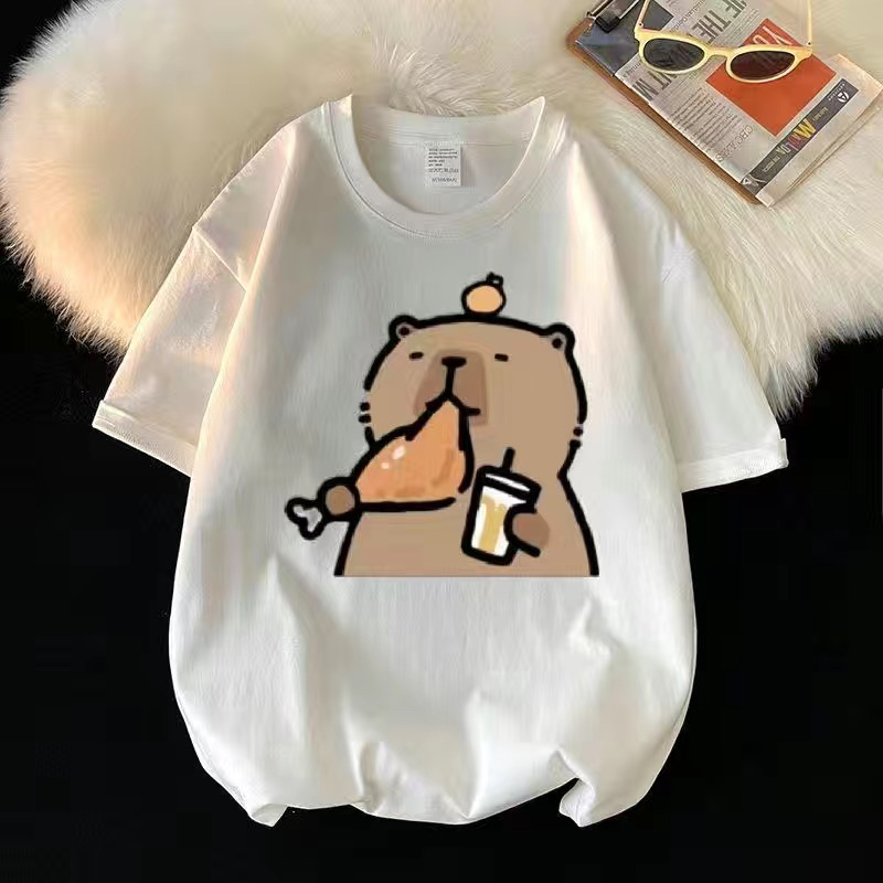 夏季新款中大童卡通动漫卡皮巴拉水豚纯棉短袖T恤男女童宽松上衣