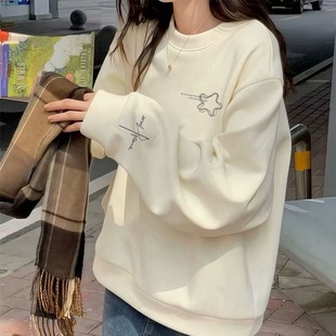 美式杏色圆领卫衣女童加绒秋冬套头2026年新款初中学生宽松上衣服