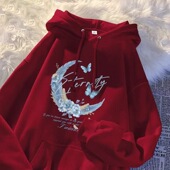 女童潮牌酒红色蝴蝶月亮印花连帽卫衣中大童秋冬宽松加绒保暖上衣