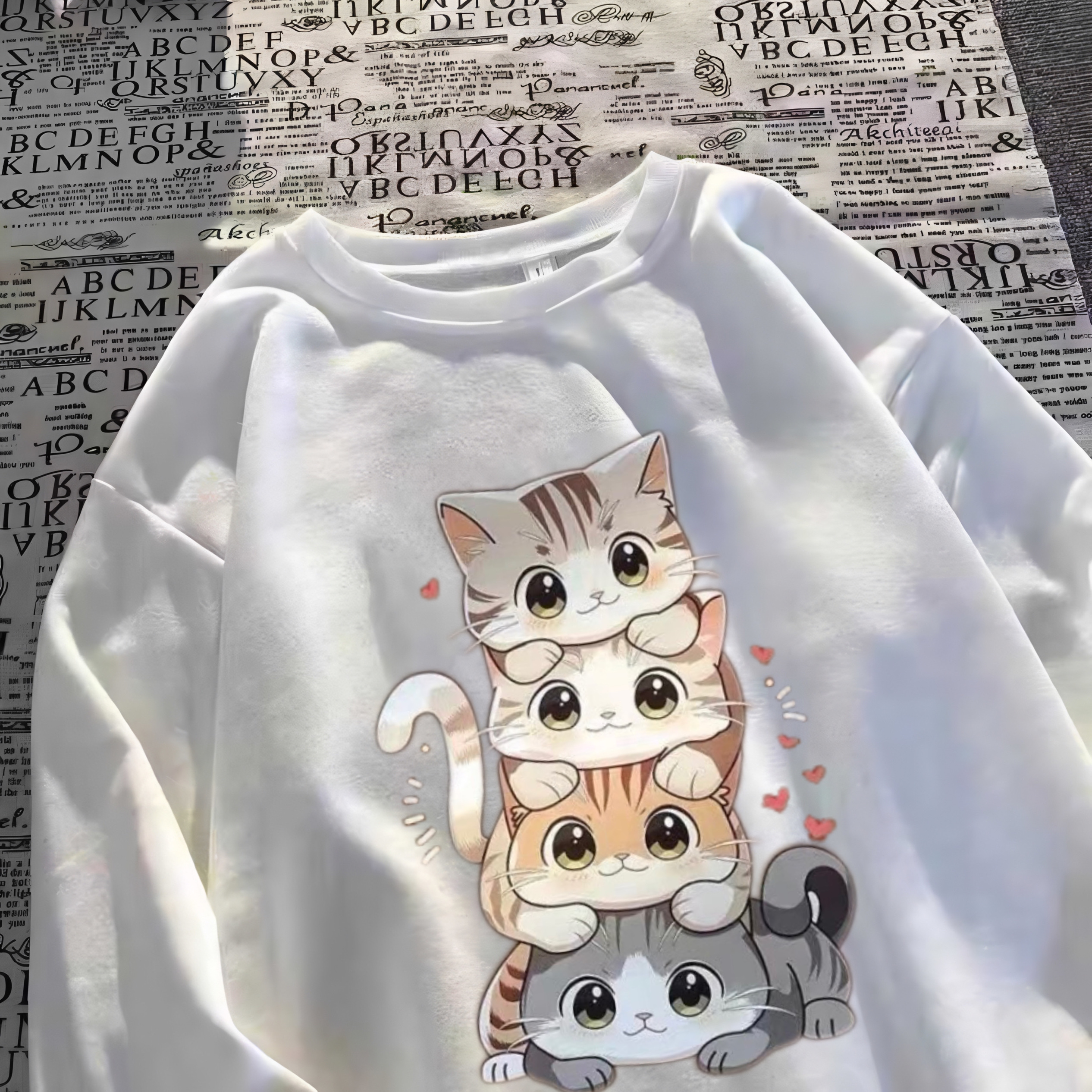 新款纯棉猫咪印花长袖t恤女童秋季卡通动漫中大童可爱宽松上衣