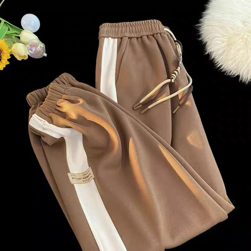 美式侧边条纹撞色运动长裤男女童春秋新款设计感宽松束脚休闲裤子