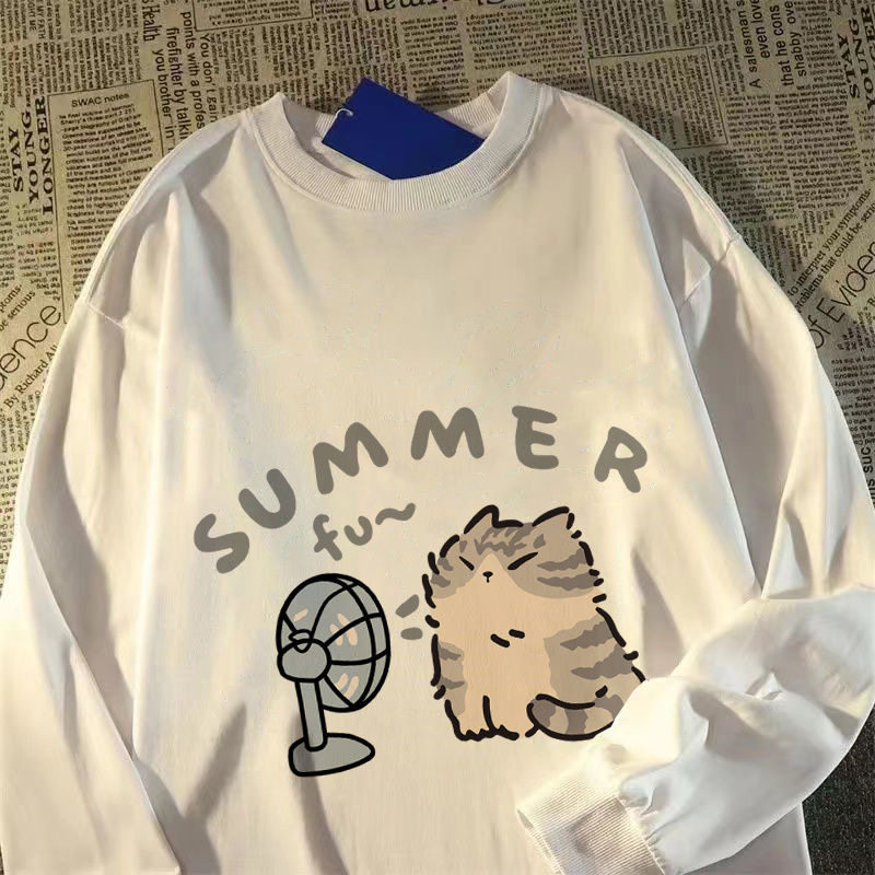 女童春秋纯棉长袖T恤2025新款风扇猫印花中大童宽松打底衫上衣服,童装/婴儿装/亲子装,T恤,淘宝优惠券,粉丝福利购,淘宝优惠卷