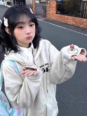 秋冬季可爱小猫印花连帽开衫卫衣女童学生加绒上衣休闲拉链外套