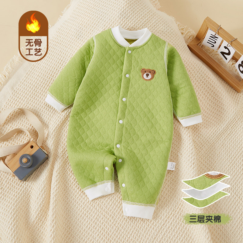 夹棉婴儿连体衣无骨加厚哈衣宝宝秋冬衣服新生儿爬爬服卡通家居服