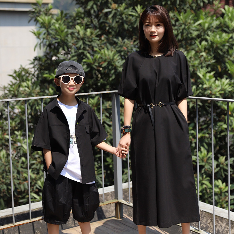 哲思凡亲子装新品母子母女装黑色压褶袖连衣裙礼服气质衬衫休闲裤