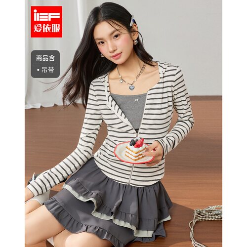 IEF/爱依服2026秋季新款条纹长袖T恤女吊带两件套开衫休闲上衣