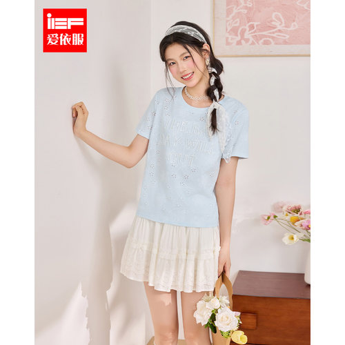 IEF/爱依服2026夏季新款法式温柔风短袖T恤女刺绣宽松百搭上衣