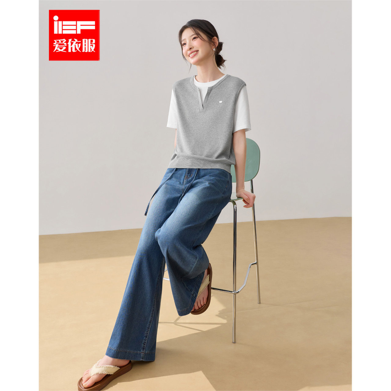 IEF/爱依服2026夏季新款韩系文艺知性通勤气质假两件拼接毛织上衣