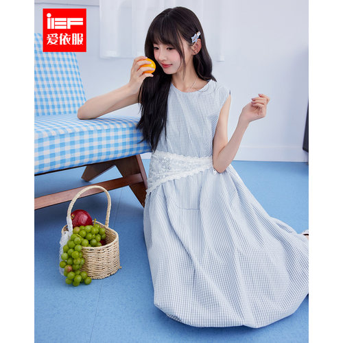 IEF/爱依服2026夏季新款简约无袖格纹连衣裙甜美风修身显瘦百搭