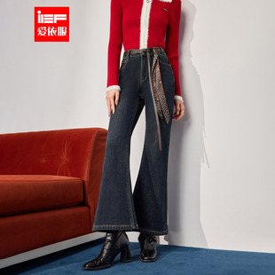 韩版 新款 时尚 通勤女人味修身 IEF 加绒牛仔喇叭裤 爱依服2025冬季