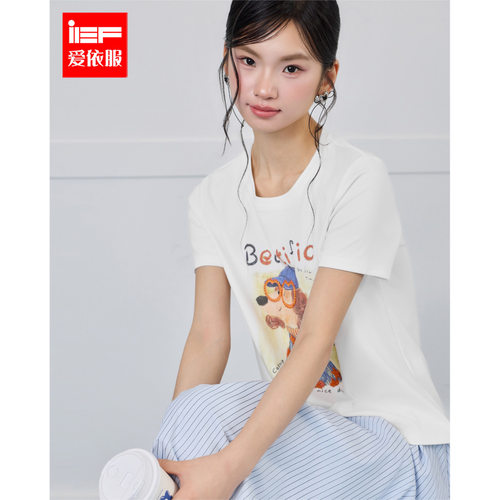 IEF/爱依服2026夏季新款圆领短袖T恤女小狗印花宽松休闲修身显瘦