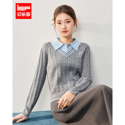 IEF/爱依服2025秋季新款韩版日常百搭刺绣休闲运动减龄毛织上衣
