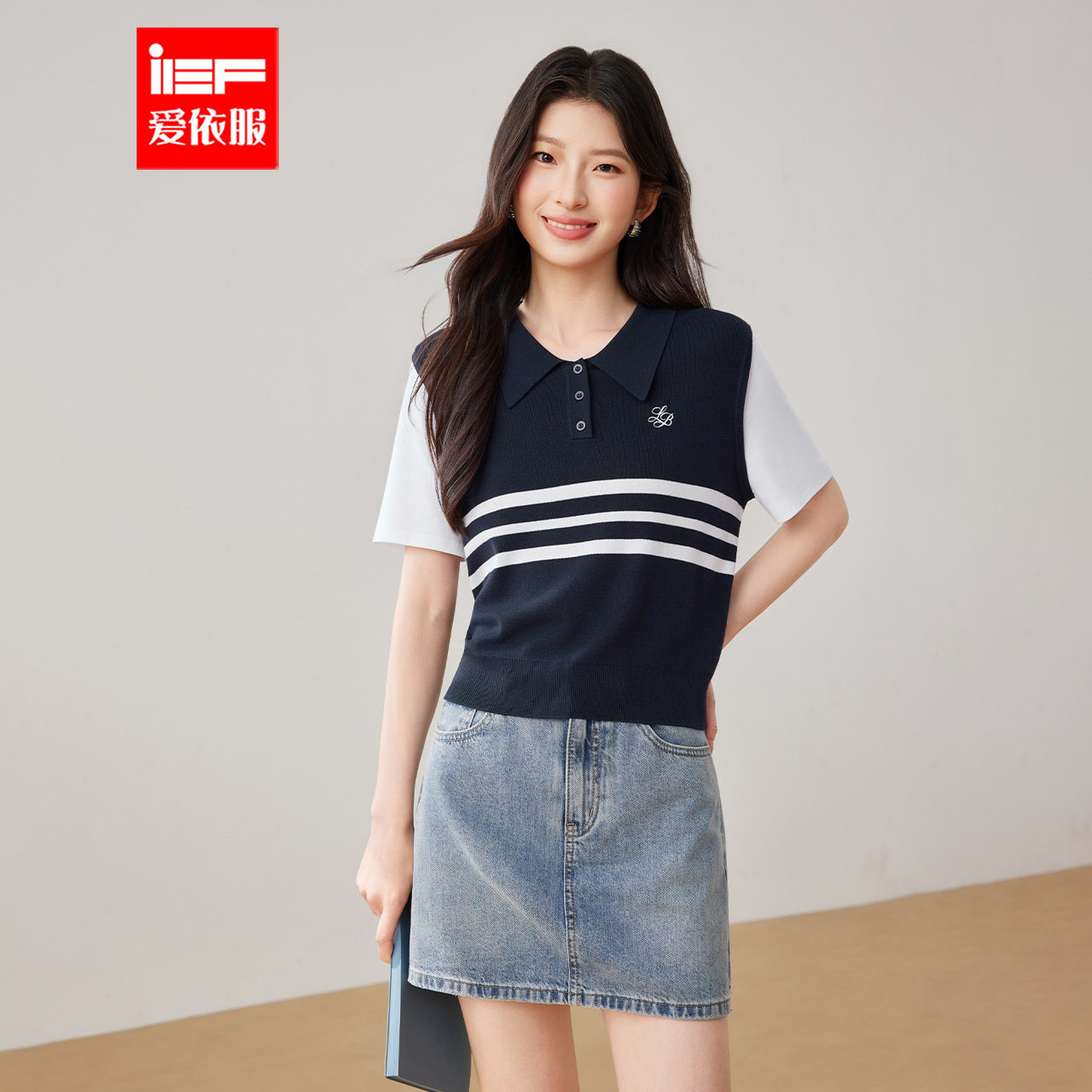 IEF/爱依服2026夏季新款韩版文艺知性通勤学院风拼接设计毛织上衣