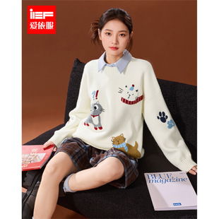 IEF/爱依服毛衣2025冬季新款韩系设计感可爱猫咪提花毛织中上衣