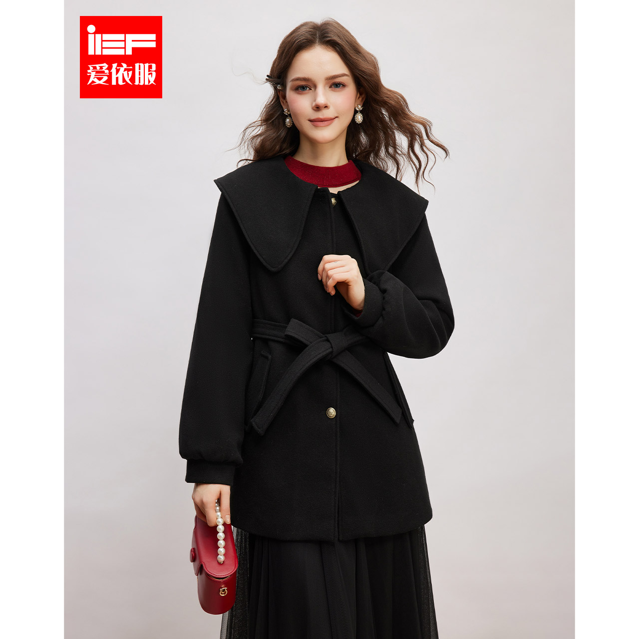 IEF/爱依服2025冬季新款法式甜美淑女气质大翻领设计呢绒中外套